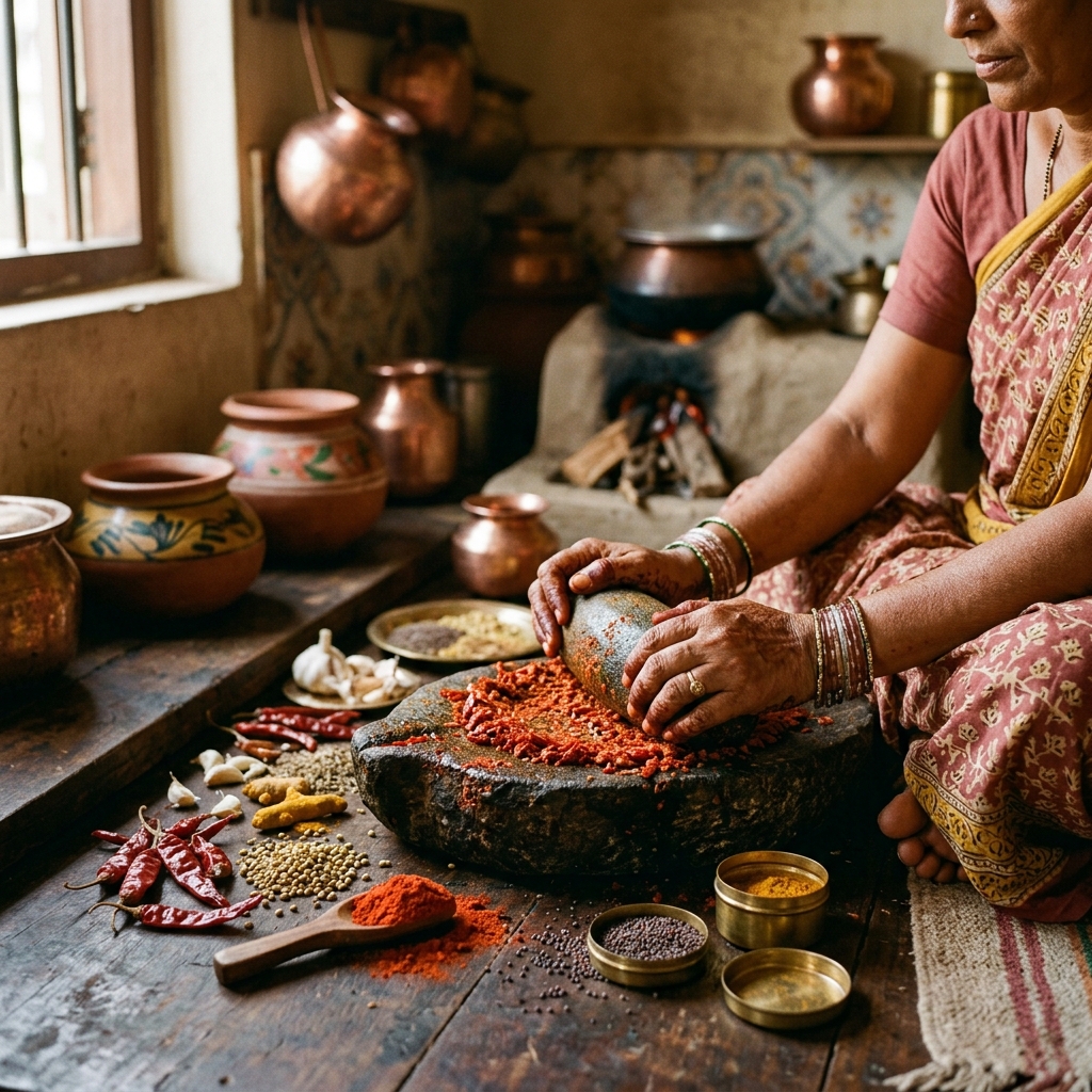 Traditional spice grinding with stone mortar and pestle in a warm Indian kitchen