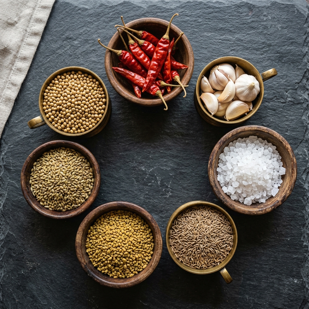 Flat lay of Spizaa ingredients: red chillies, garlic, salt, coriander, cumin, and fenugreek in wooden bowls