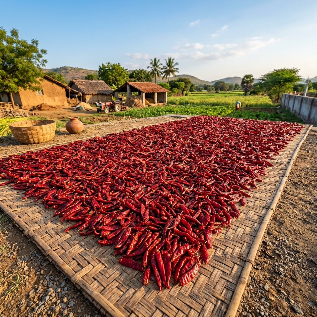 Sun-dried red Guntur chillies laid out on a bamboo mat in golden sunlight